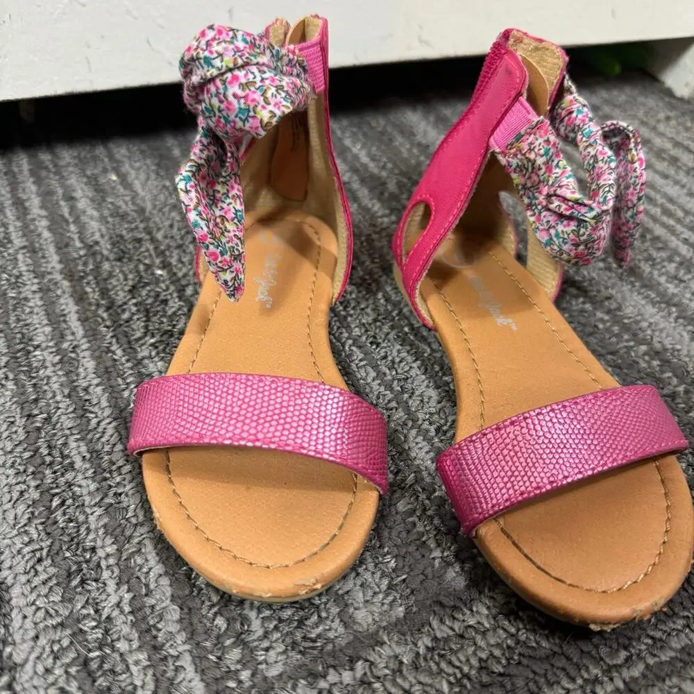 Cat & Jack Girls Pink Floral Bow Ankle Strap Sandals Back Zip Size 8